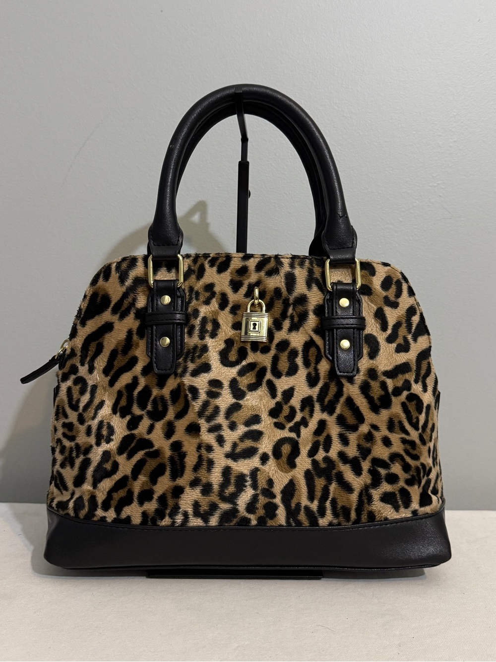 Leopard Print Faux Fur Satchel Crossbody Bag Black Brown